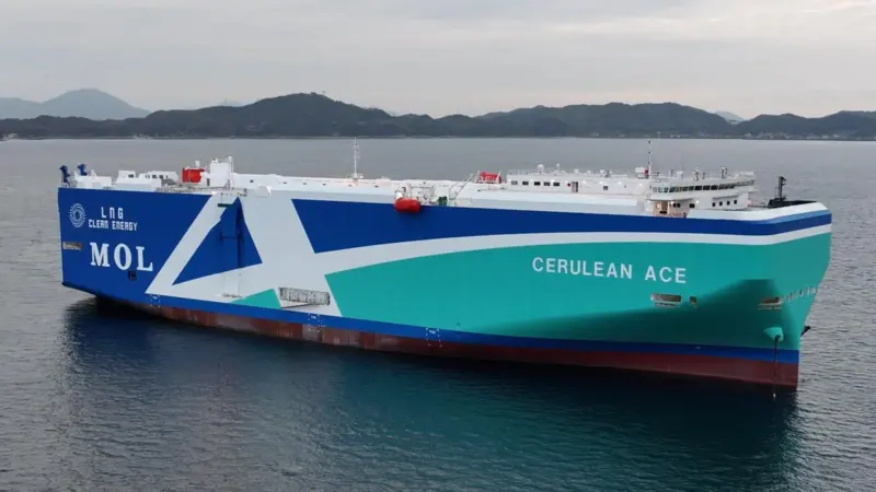The image shows a wide shot of Mitsui O.S.K. Lines’ LNG-fueled car carrier, Cerulean Ace