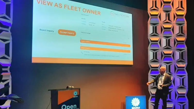 The image shows the Nautiworx digital workboat finder tool being unveiled at SMM Hamburg