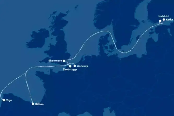 The image shows a map of the new freight servuice with connections from the UK, Ireland, belgium and Spain