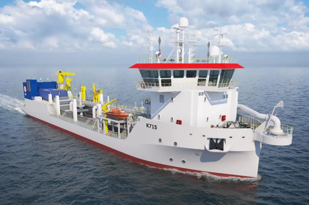 The image shows an artist's impression of Jan de Nul Hopper's new  trailing suction hopper dredger