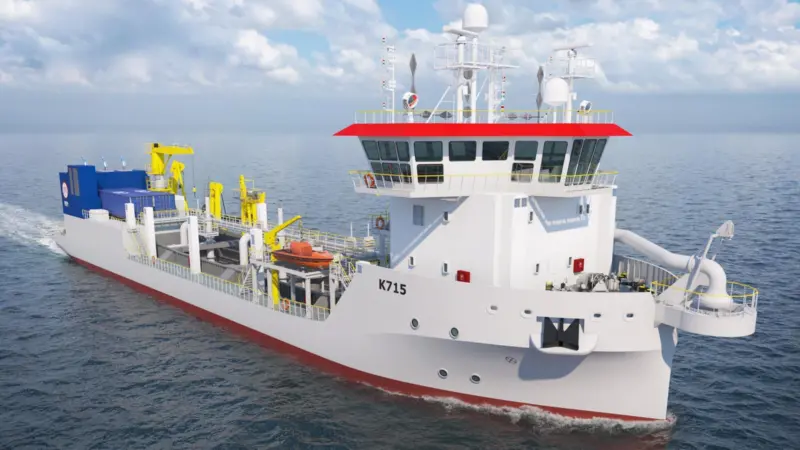 The image shows an artist's impression of Jan de Nul Hopper's new  trailing suction hopper dredger