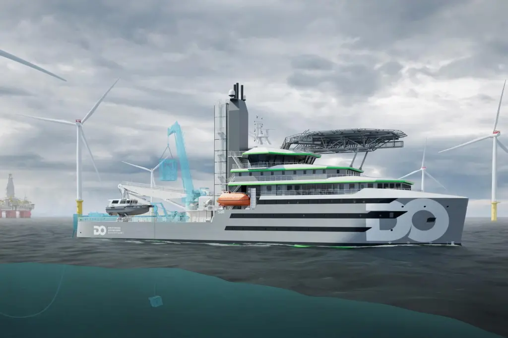 The image shows a render of the Deutsche Offshore Schifffahrt C-CSOV at sea