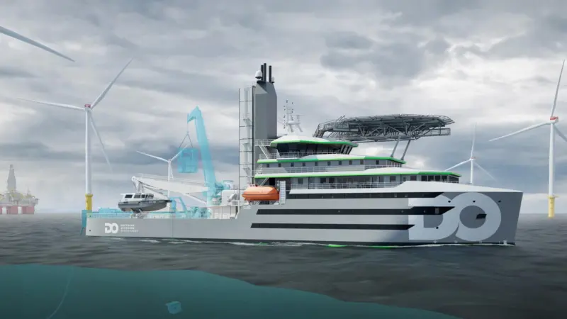 The image shows a render of the Deutsche Offshore Schifffahrt C-CSOV at sea