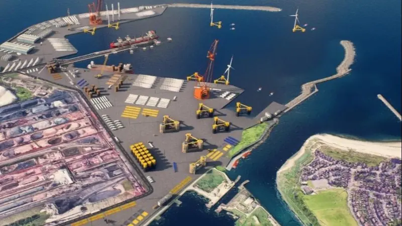 The image shows an overhead render of the plans for Port Talbot