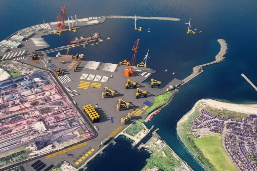 The image shows an overhead render of the plans for Port Talbot