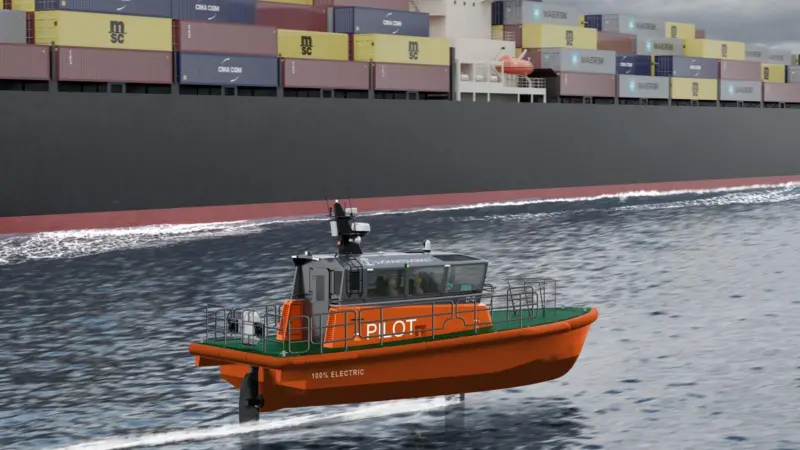 The image shows a render of the Artemis EF-12 Pilot boat in operation
