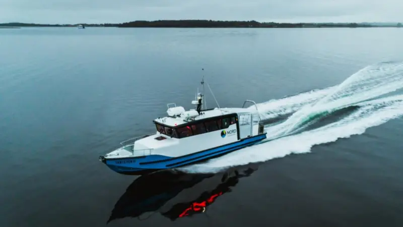The image shows the ProZero 15m research workboat at sea