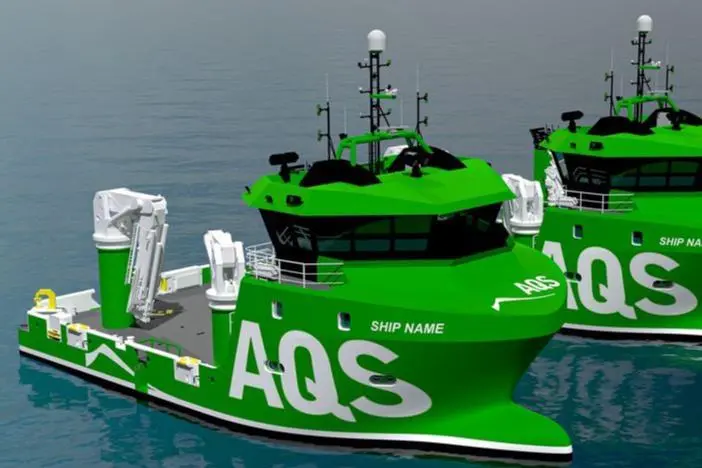 The image shows a render of the newbuild Salthammer supply ships