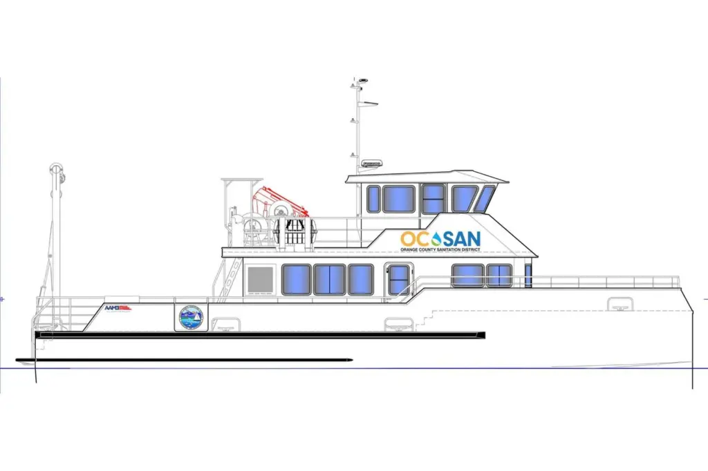 The image shows a render of the 19.2-metre hybrid-electric catamaran