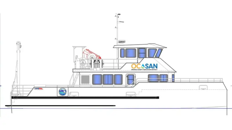 The image shows a render of the 19.2-metre hybrid-electric catamaran