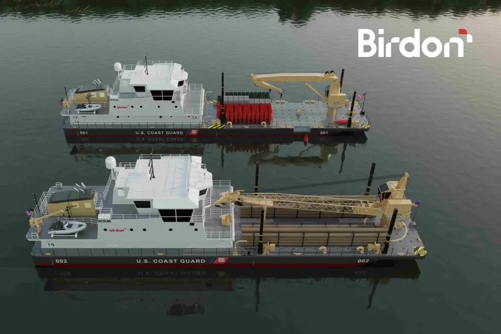 The image shows a render of the two Waterways Commerce Cutter variants: The Inland Construction Tender (top) and River Buoy Tender (bottom)
