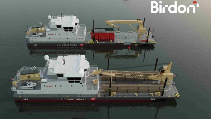 The image shows a render of the two Waterways Commerce Cutter variants: The Inland Construction Tender (top) and River Buoy Tender (bottom)