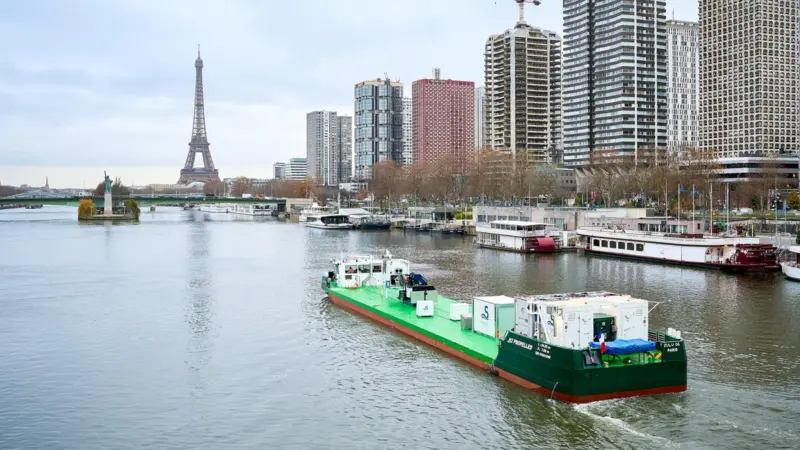 The image shows Sogestran's Zulu 06 is France’s first hydrogen-powered river vessel on the Seine