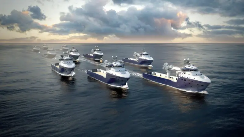 A render of 10 Salt Ship Design multipurpose platform supply vessels at sea