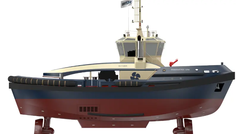 The image shows a render of the Svitzer TRAnsverse tug on a white background