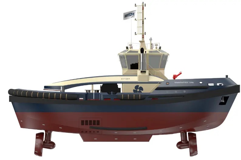 The image shows a render of the Svitzer TRAnsverse tug on a white background
