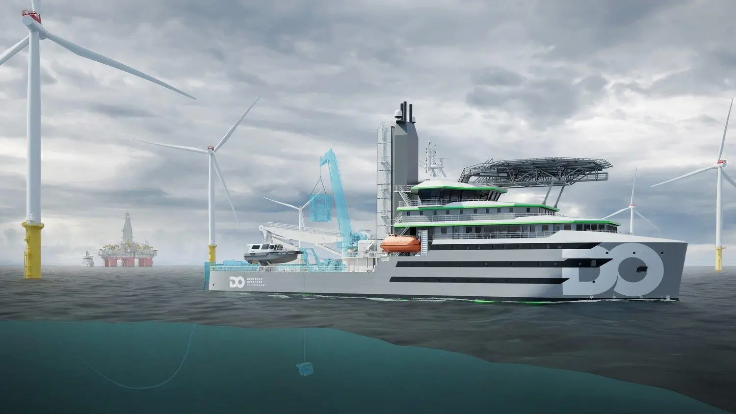 A render for a Salt Ship Design construction commissioning service operation vessel with wind turbines in the background