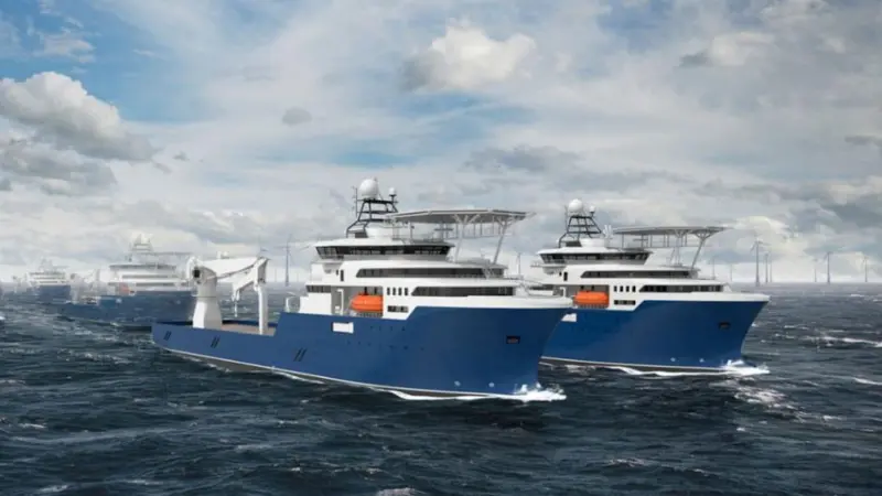 The image shows a render of the new Offshore Construction Vessels (OCVs)