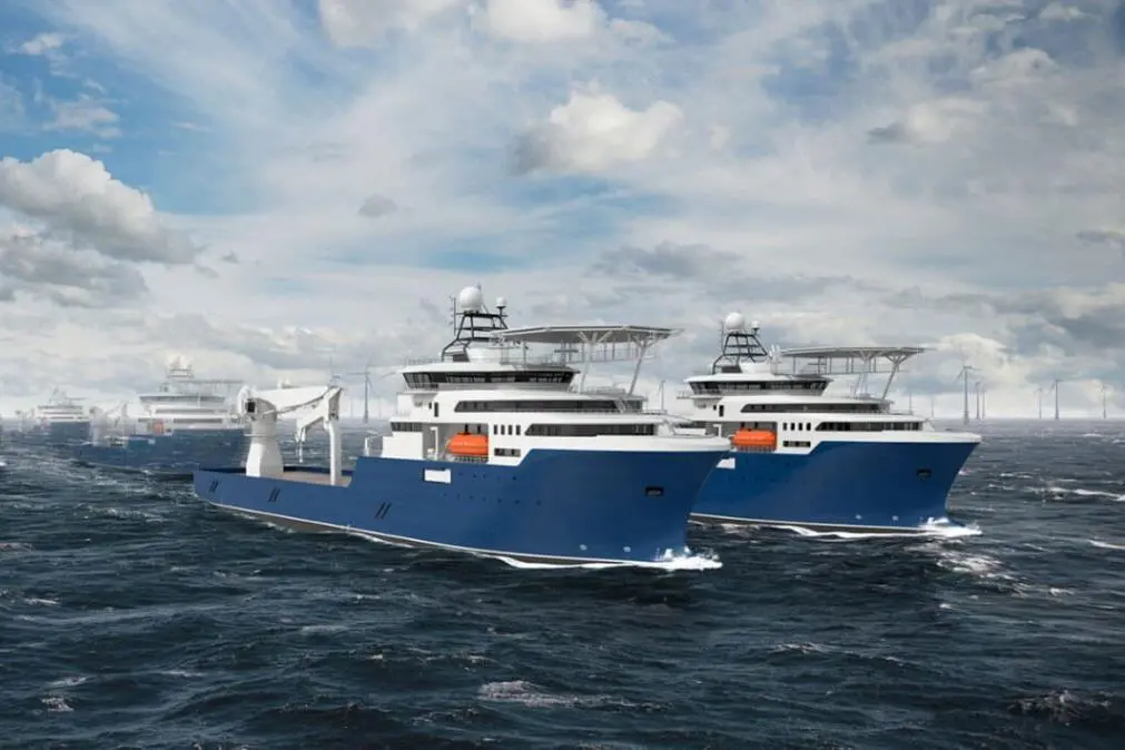 The image shows a render of the new Offshore Construction Vessels (OCVs)