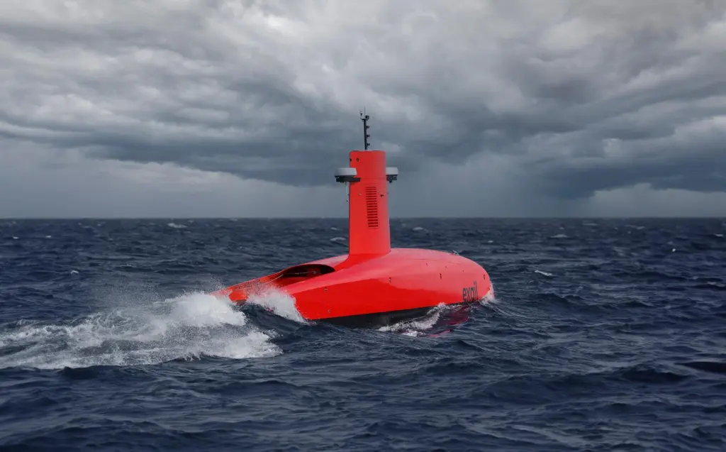 An Exail DriX-O16-2 USV on the surface of the sea with stormy clouds