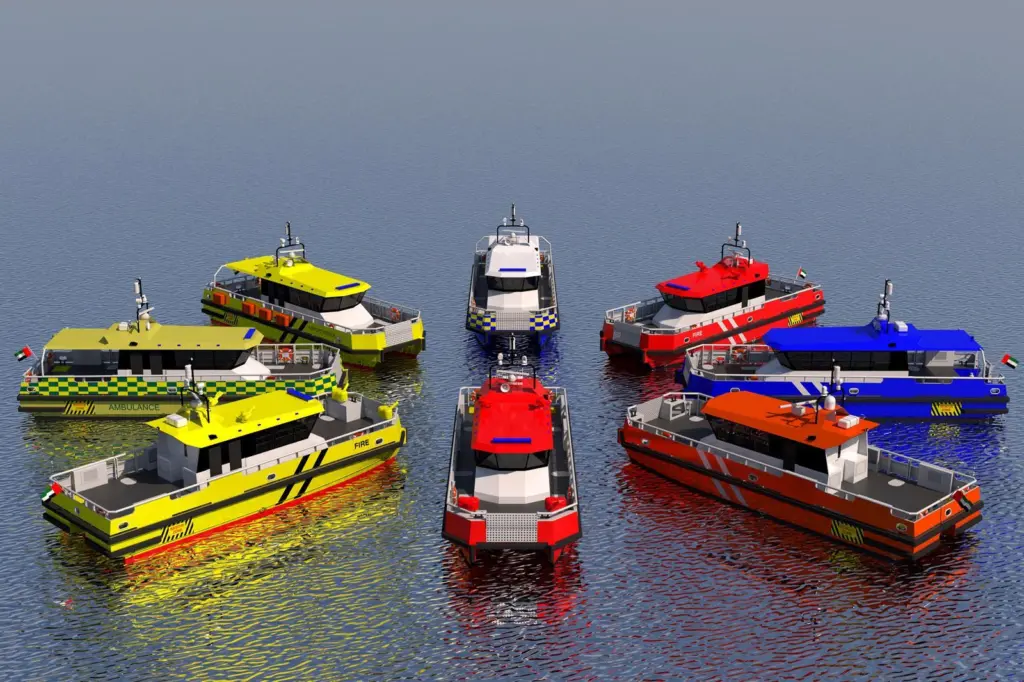 The image shows the new range of WMD 16m Emergency Services Vessels being launched at the Intersec exhibition