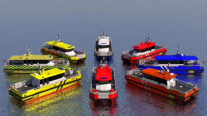 The image shows the new range of WMD 16m Emergency Services Vessels being launched at the Intersec exhibition