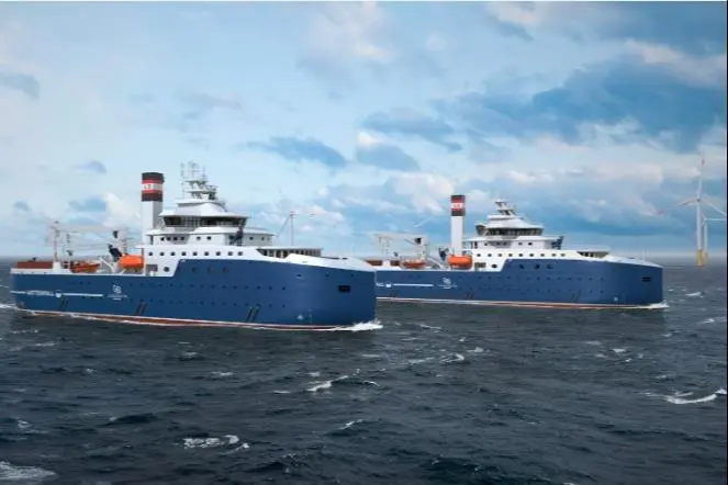 The image shows an illustration of Vattenfall's new Service Operation Vessels (SOVs)