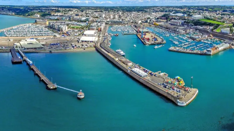 The image shows the existing harbourfront at St Helier harbour