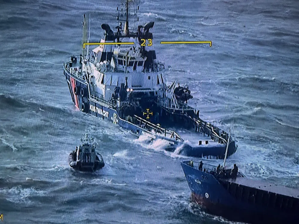 Helicopter's-eye view of the Dutch tug and lifeboat assisting 'Valday' (Netherlands Coast Guard)