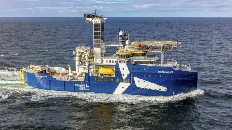 The image shows the IWS Seawalker CSOV on the water