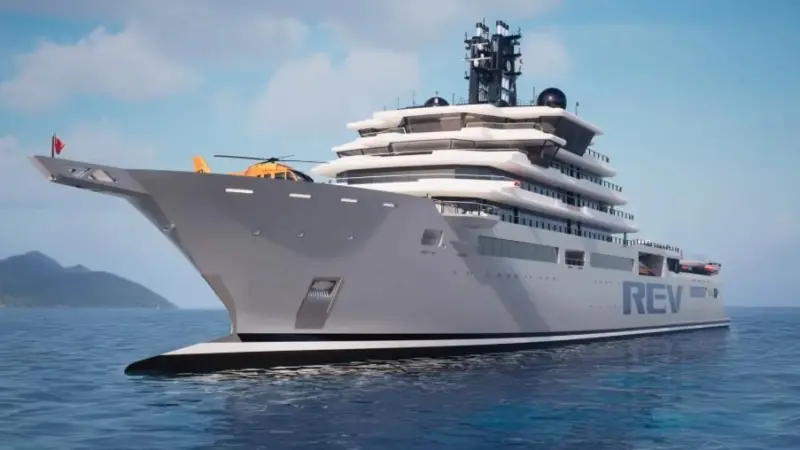The image shows REV Ocean, a state-of-the-art ocean research and expedition ship