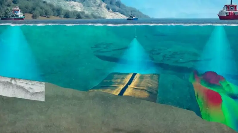 The image shows a rendering of the GeoSwath 4 bathymetric sonar, GeoPulse sub-bottom profiler and Pulsar side scan sonar in action