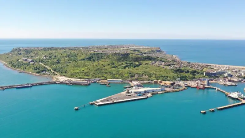 The image shows a wide angle shot of Portland Port