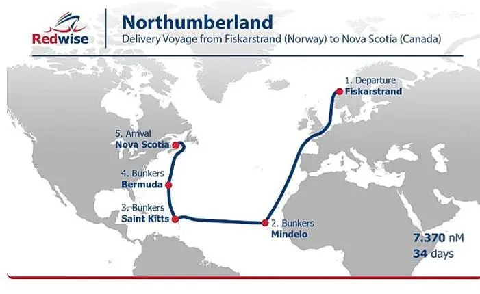 'Northumberland's' passage was routed south to avoid the North Atlantic in winter (Redwise)