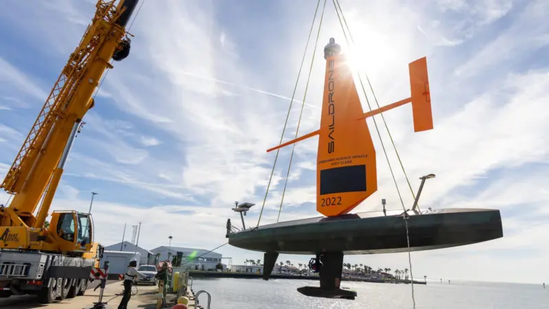 The pictures shows Saildrone Voyager SD-2022 launching in St Petersburg and performing on-the-water deployment checks in Tampa Bay