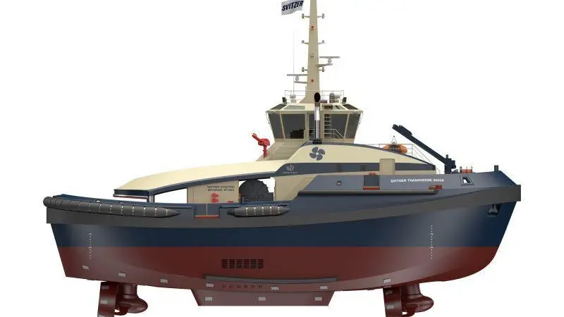 The image shows a render of the battery-methanol tug