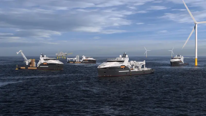 Rendition of four Kongsberg Maritime/Olympic UT7623 SEVs with wind turbines