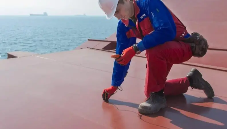 The image shows a worker testing the efficacy of Hempel marine coatings