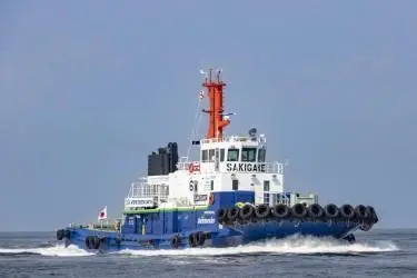 A close up image of the ammonia fuelled tug Sakigate on the water
