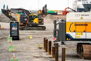 The image shows equipment at the quayside involved in the Skandia Gateway project