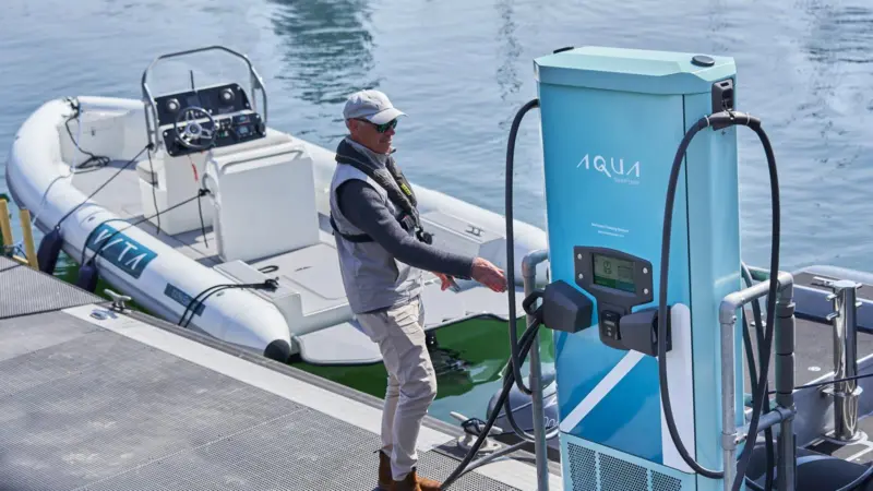 The image shows an Aqua 75 electric boat charging demonstration as part of the TES project