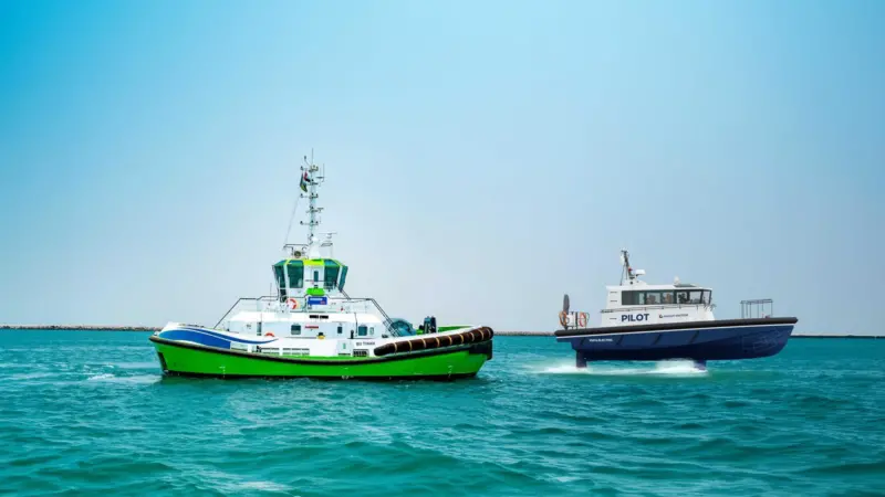 The image shows PD Ports' new Pilot boat and E tug on the water