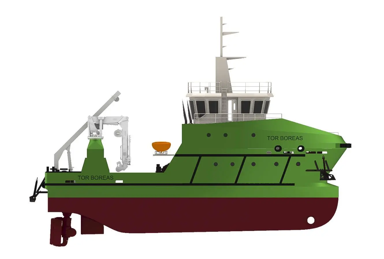 The profile of 'Tor Boreas' suggests a vessel well suited for open sea conditions (Tor Group)