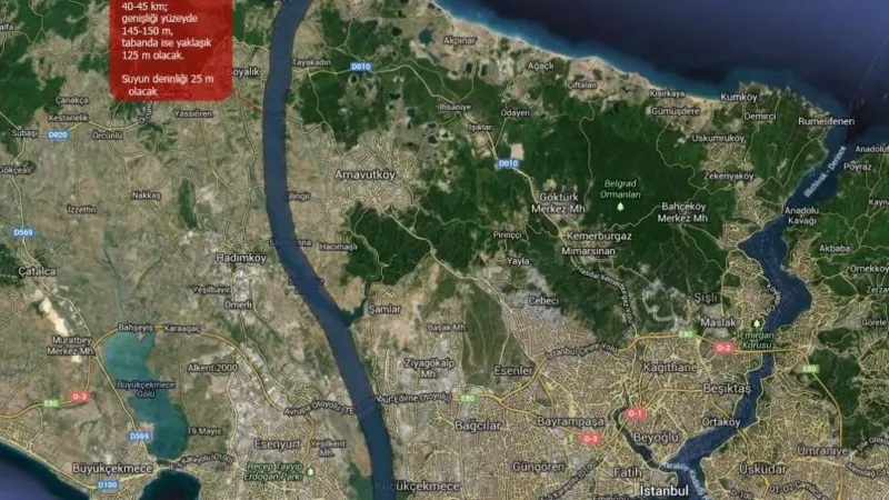 The proposed 45km long canal would be a sea level link between the Black Sea and the Sea of Marmara