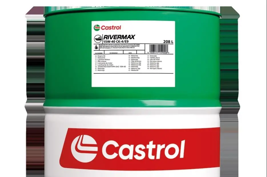 The image shows an up close image of a Castrol Rivermax 15W-40 CK-4/E9 barrel