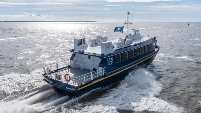 The image shows the Dutch ferry equipped with Hamilton LTX-0557 waterjets on the water