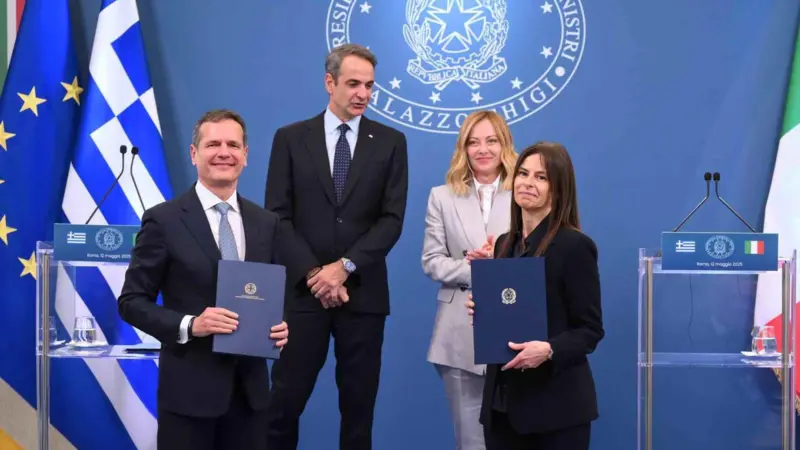 From left Manos Manousakis, IPTO Greece prime minister Kyriakos Mitsotakis, Italian prime minister Giorgia Meloni Terna CEO Giuseppina Di Foggia