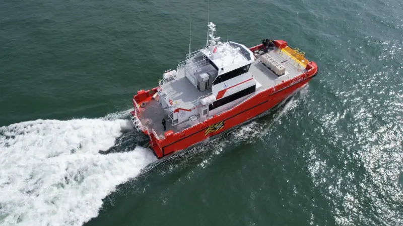 The image shows the 27m CTV for Ventus Marine on the water