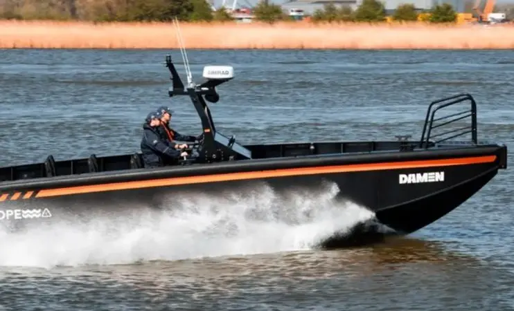 The image shows an HDPE workboat on the water