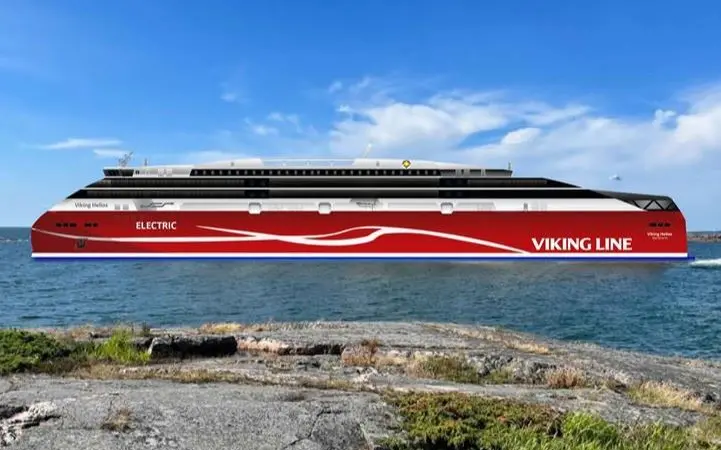 The image shows the Viking Line's future vision for ferry electrification - Helios